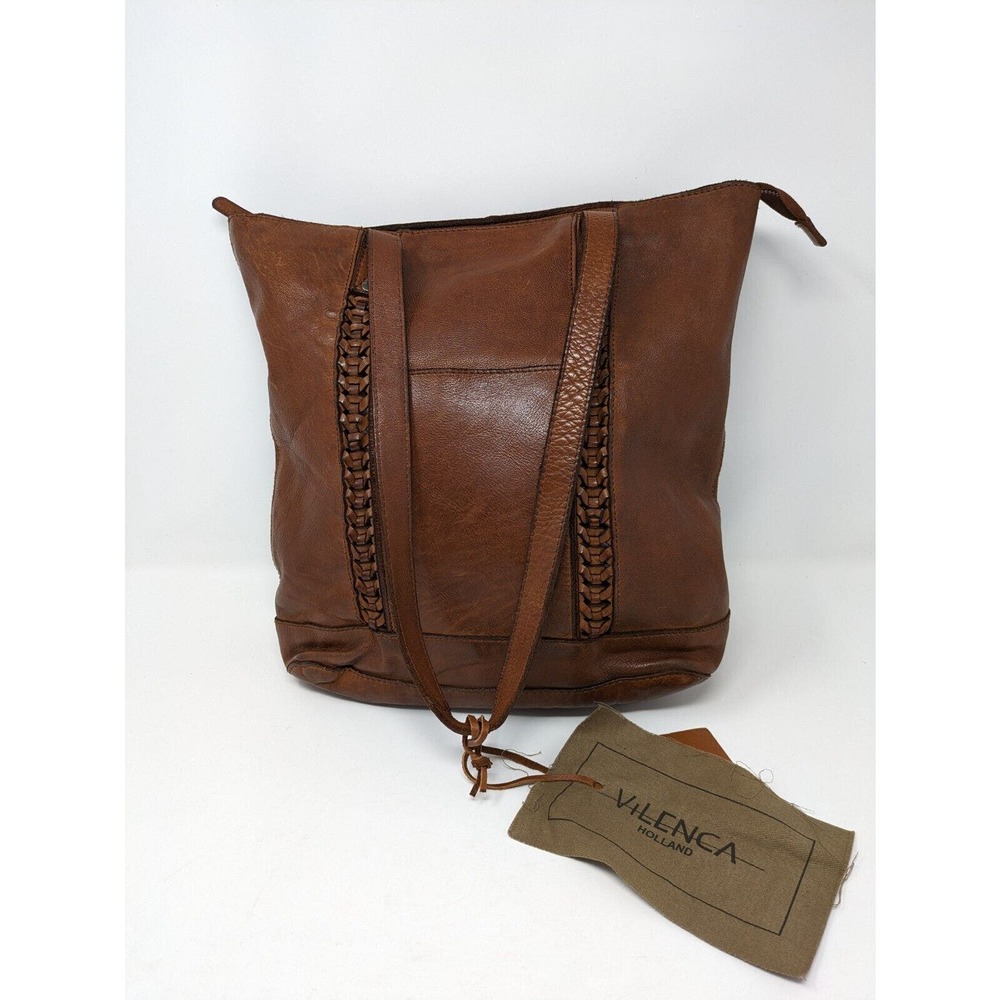 Vilenca Holland Anthropologie North South Stitch Woven Leather Tote Cognac NWT